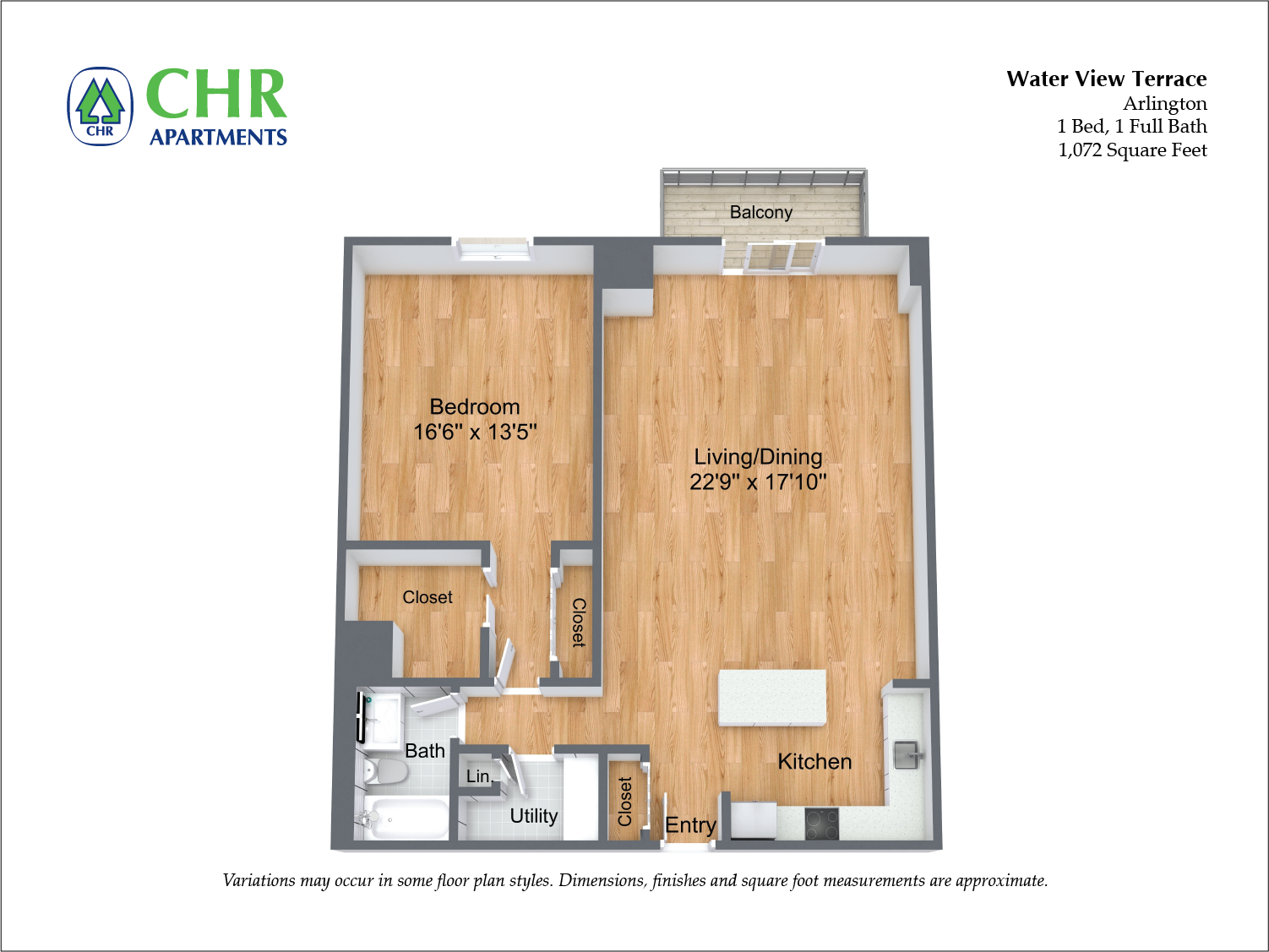 Floor plan for 1 bed, 1 bath, 1072 sqft